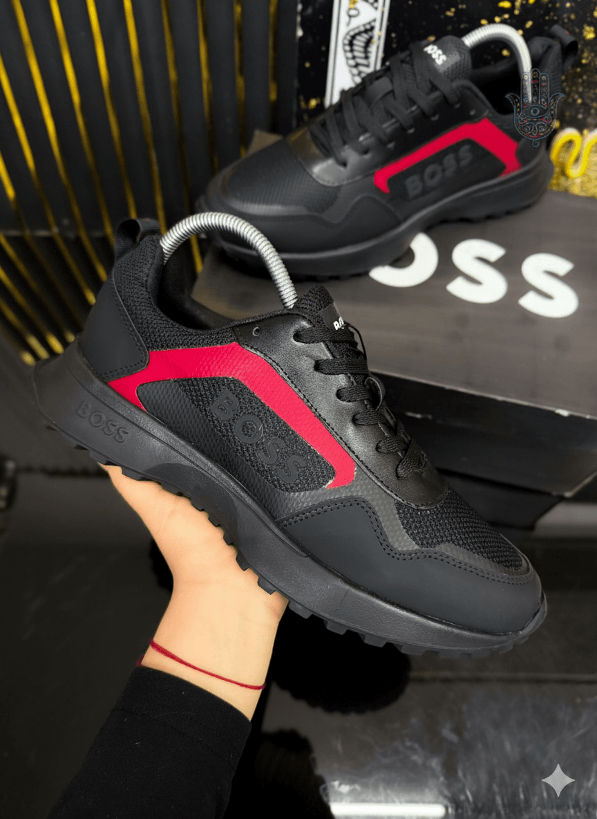 Tenis BOSS Runner de Malla y Contraste | Negro y Rojo (Estilo Athleisure de Lujo)